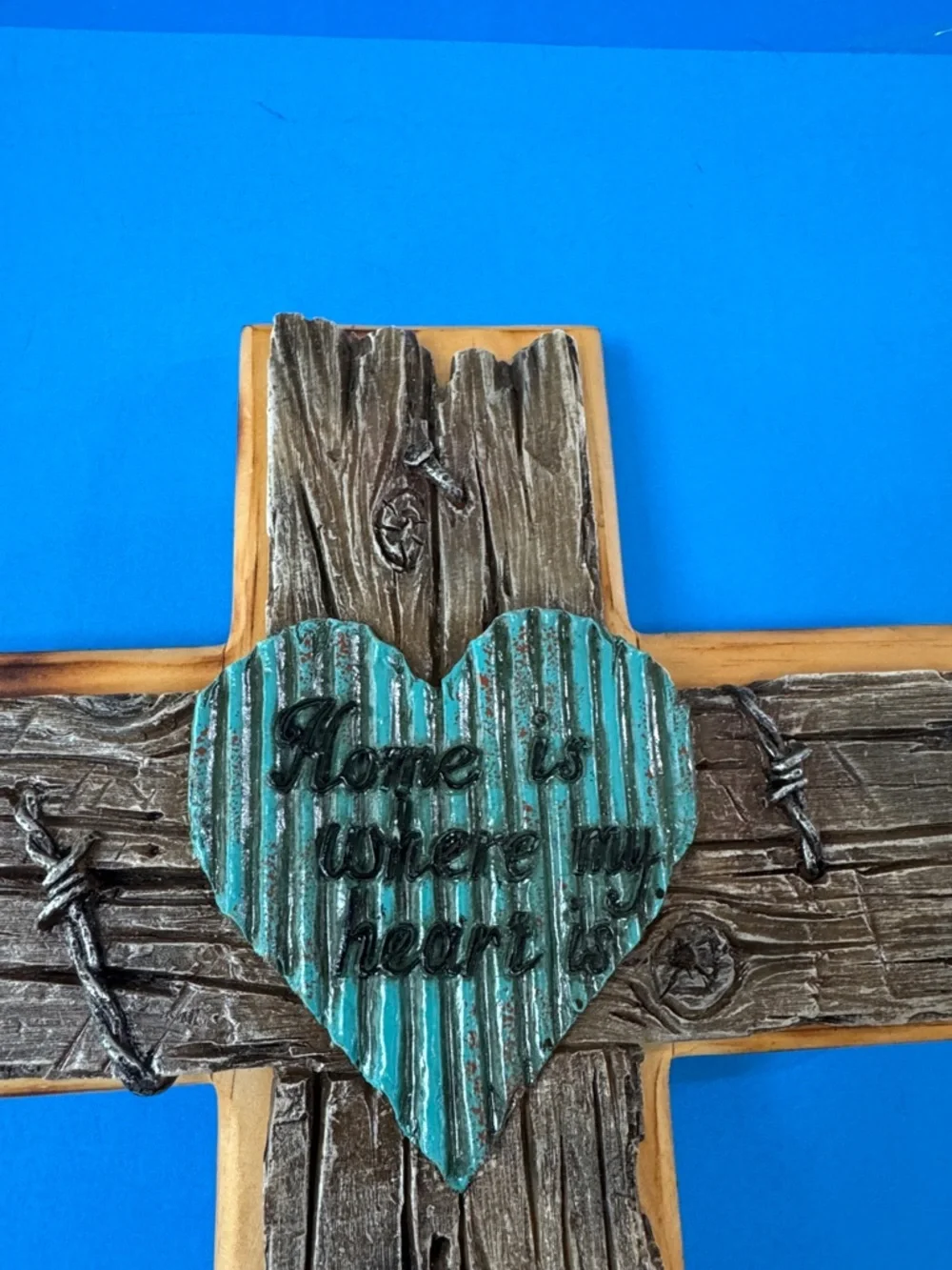 Rustic Wooden Cross Wall Decor with Teal Heart” Home is where my heart is”